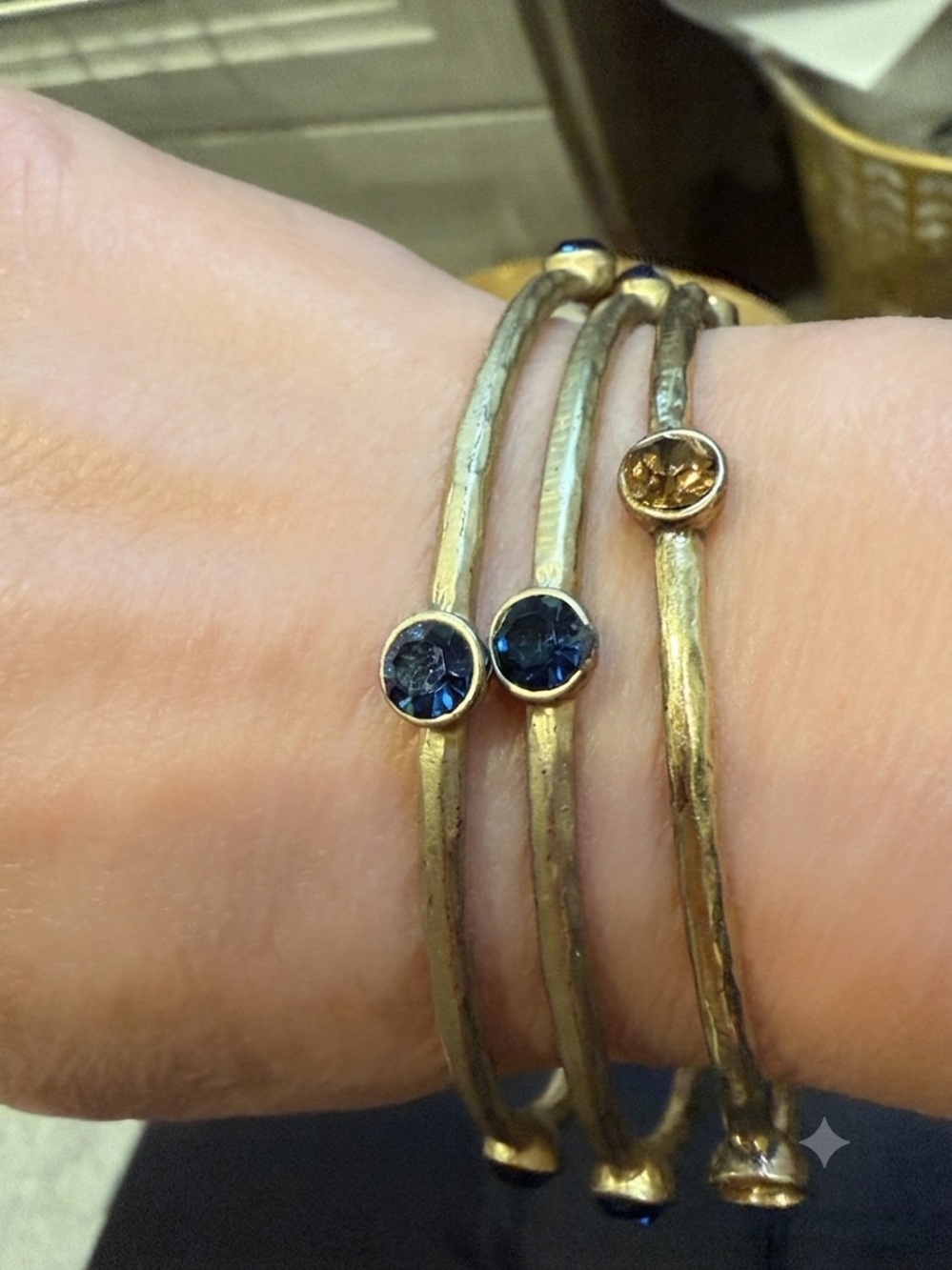 Gold Tone Layered Bangle Bracelet with Teal Accent Stones